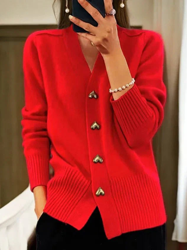 lusailstore - V-Neck Casual Solid Heart-Shaped Buttoned Sweater Jacket