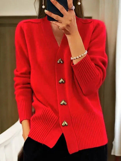 lusailstore - V-Neck Casual Solid Heart-Shaped Buttoned Sweater Jacket