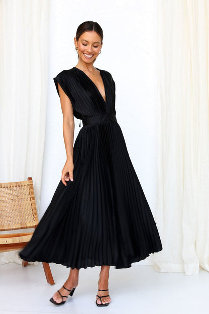 lusailstore - Draped V-Neck Pleated Skirt Dress