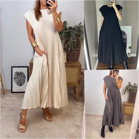 lusailstore - Women Pleated Simple Solid Color Dress