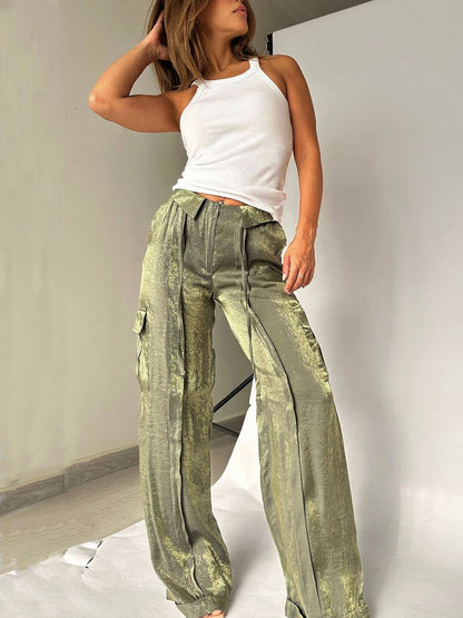 lusailstore - Golden Years Glitter Fabric Drawstring Waist Pocketed Wide Leg Pants