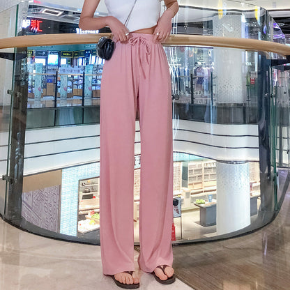 lusailstore - Drawstring Ice Silk Wide-Leg Lounge Pants