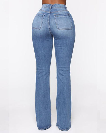 lusailstore - Button Fly Booty Shaping High Waist Flare Jeans