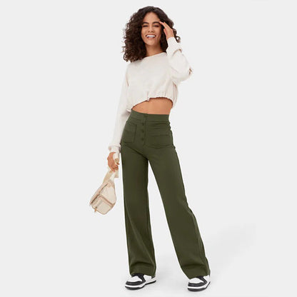 lusailstore - High Waisted Button Multiple Pockets Straight Leg Casual Pants