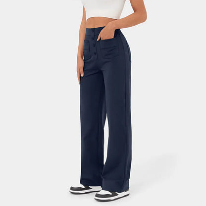 lusailstore - High Waisted Button Multiple Pockets Straight Leg Casual Pants