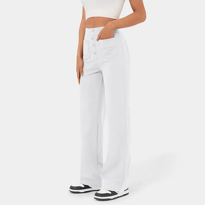 lusailstore - High Waisted Button Multiple Pockets Straight Leg Casual Pants