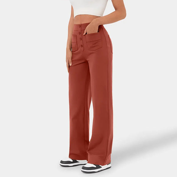 lusailstore - High Waisted Button Multiple Pockets Straight Leg Casual Pants