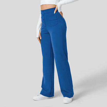 lusailstore - High Waisted Button Multiple Pockets Straight Leg Casual Pants