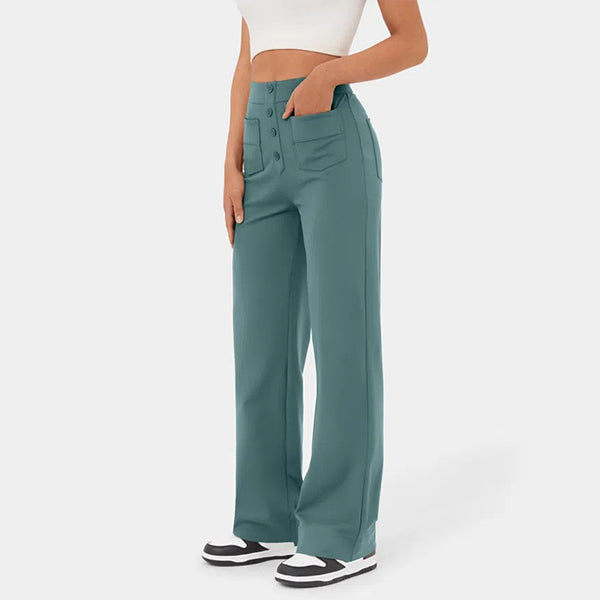 lusailstore - High Waisted Button Multiple Pockets Straight Leg Casual Pants