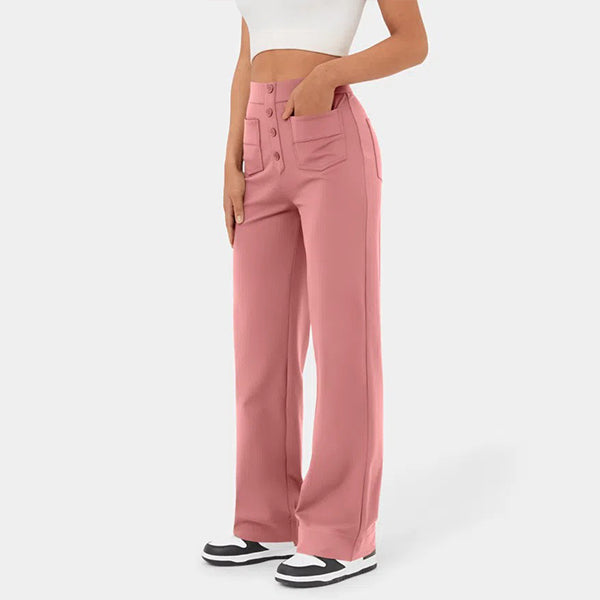 lusailstore - High Waisted Button Multiple Pockets Straight Leg Casual Pants