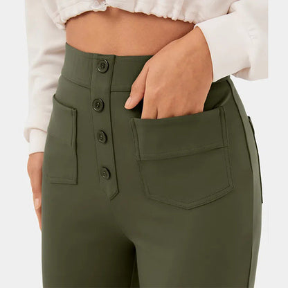 lusailstore - High Waisted Button Multiple Pockets Straight Leg Casual Pants