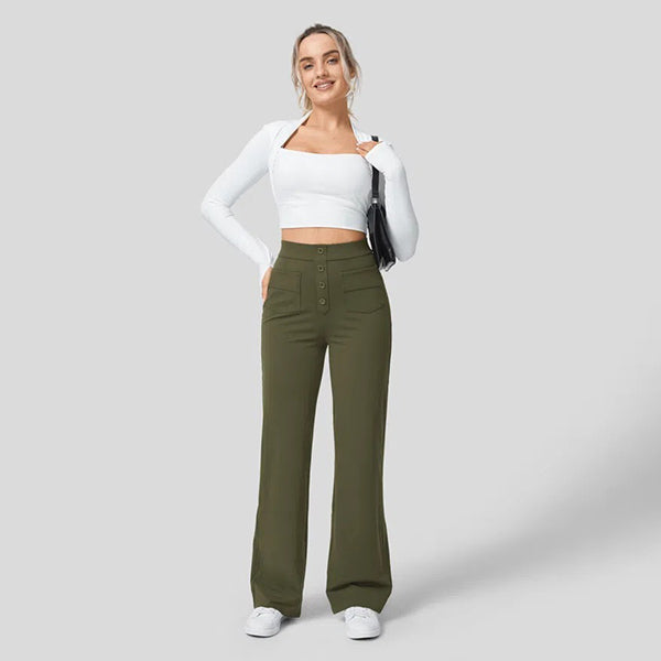 lusailstore - High Waisted Button Multiple Pockets Straight Leg Casual Pants