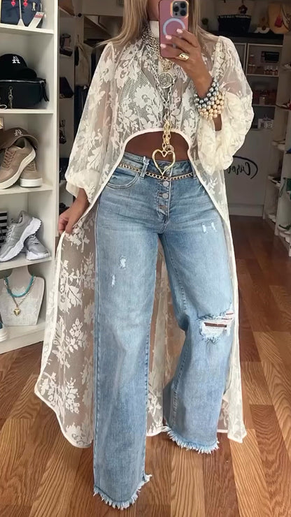 lusailstore - women's round neck lace short-front-long-back casual tops