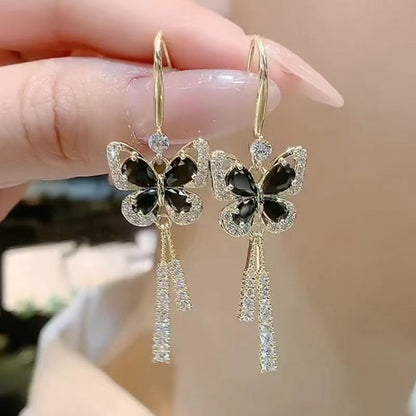 lusailstore-Crystal Butterfly Tassel Earrings