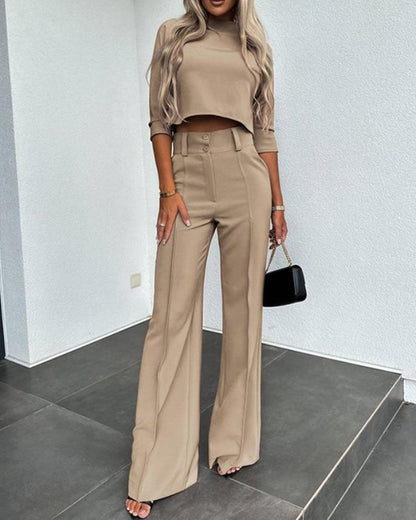 lusailstore- Fashionable solid color high waisted straight pants suit