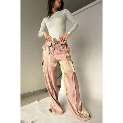 lusailstore - Golden Years Glitter Fabric Drawstring Waist Pocketed Wide Leg Pants