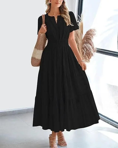 lusailstore - v-neck pleated puff sleeve dress black