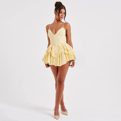 lusailstore - Spaghetti Strap Ruffle Sexy Mini Dress