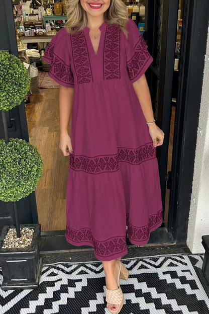 lusailstore - Geometric print patchwork V-neck A-line short-sleeved dress