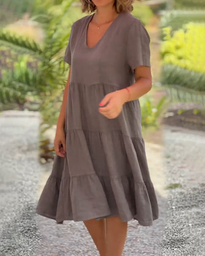 lusailstore - Cotton linen v-neck solid color dress