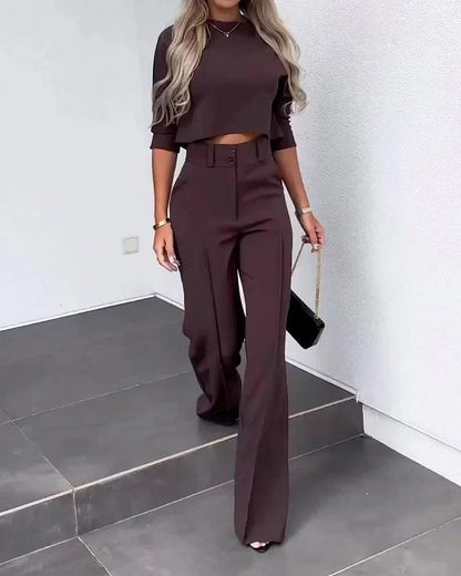 lusailstore- Fashionable solid color high waisted straight pants suit