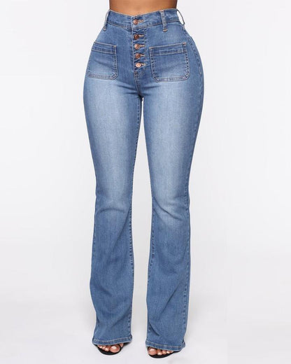 lusailstore - Button Fly Booty Shaping High Waist Flare Jeans