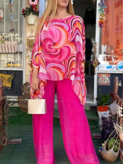 lusailstore -New Colorful Chiffon Set Casual Round Neck Print