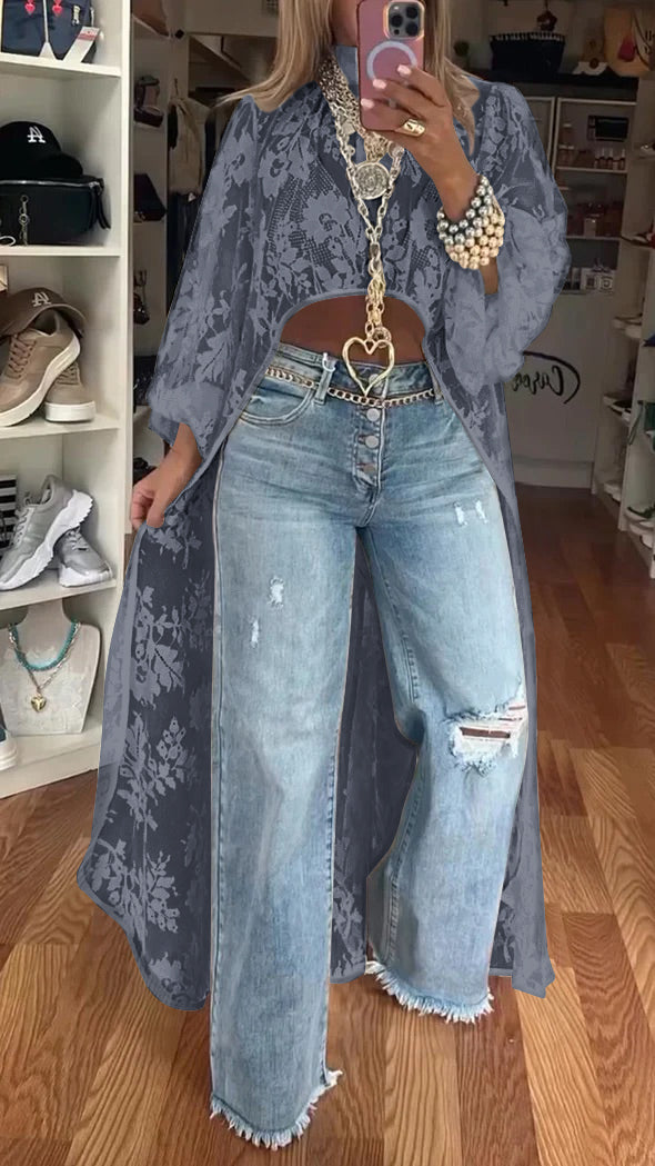 lusailstore - women's round neck lace short-front-long-back casual tops