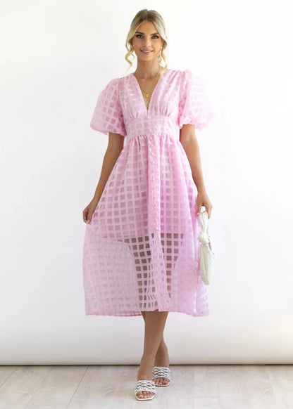 lusailstore- Beautiful square pattern fabric puff sleeve midi