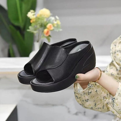 lusailstore-thick-soled leather wedge sandals