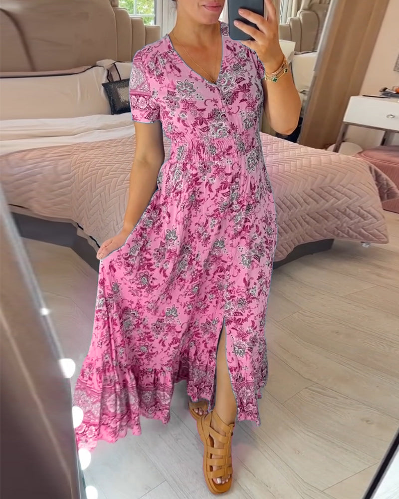 lusailstore- Floral print v-neck dress