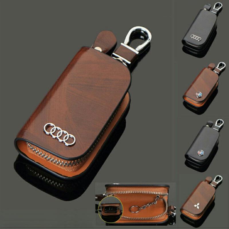 lusailstore - car logo leather wood grain car key case