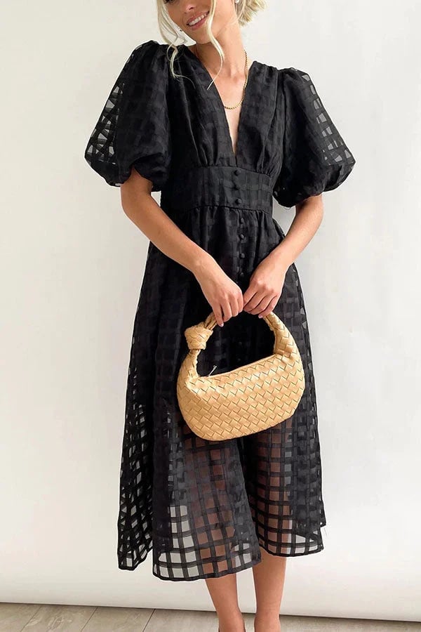 lusailstore- Beautiful square pattern fabric puff sleeve midi