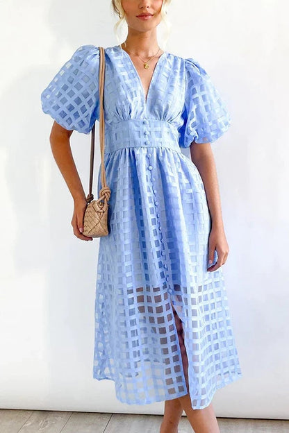 lusailstore- Beautiful square pattern fabric puff sleeve midi