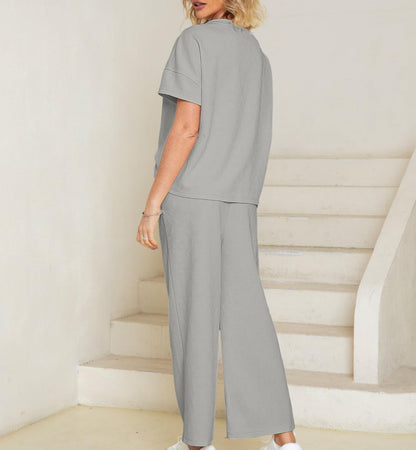 lusailstore - Casual short-sleeved loose top and wide-leg pants suit