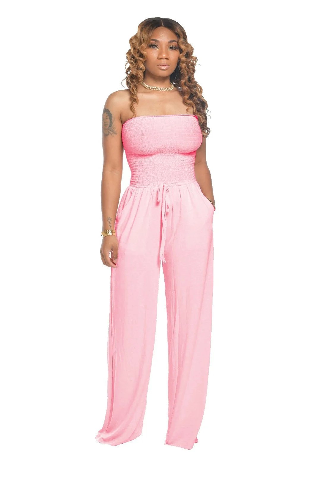 lusailstore - Off Shoulder Solid Color Smocked Jumpsuit