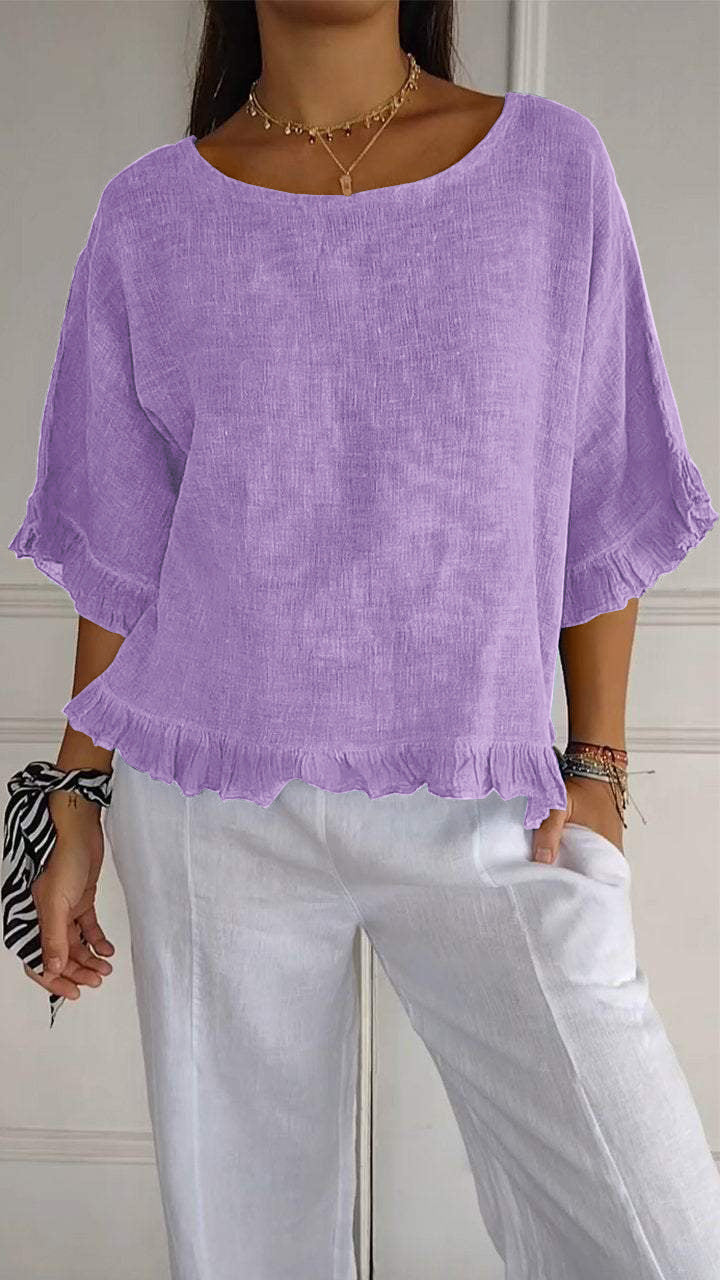 lusailstore - round neck ruffled hem mid sleeve cotton and linen top