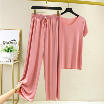 Soft and comfortable ice silk short-sleeved T-shirt two-piece set