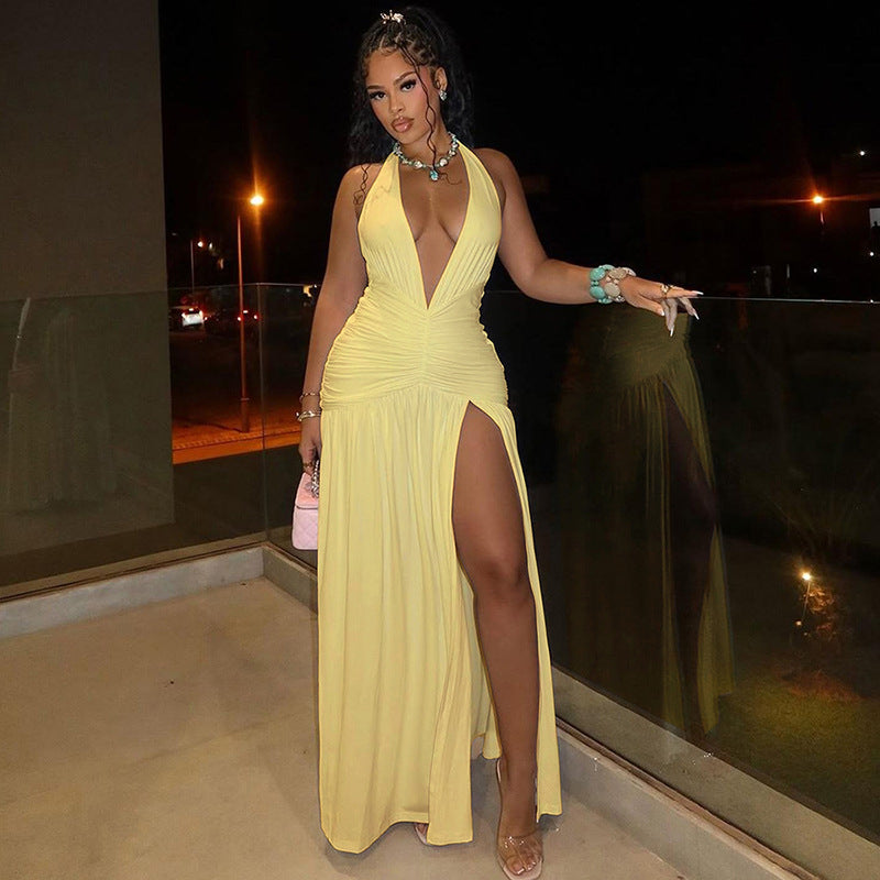 lusailstore - Halter neck V-neck open back pleated slit high waist midi dress