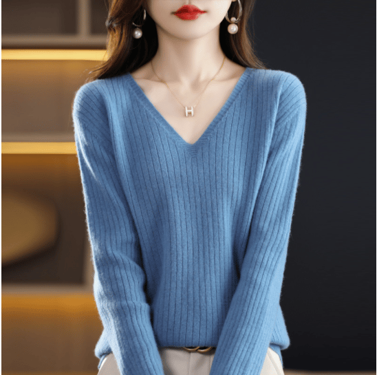 lusailstore- V-Neck Pullover Long Sleeve Solid Color Cashmere Sweater