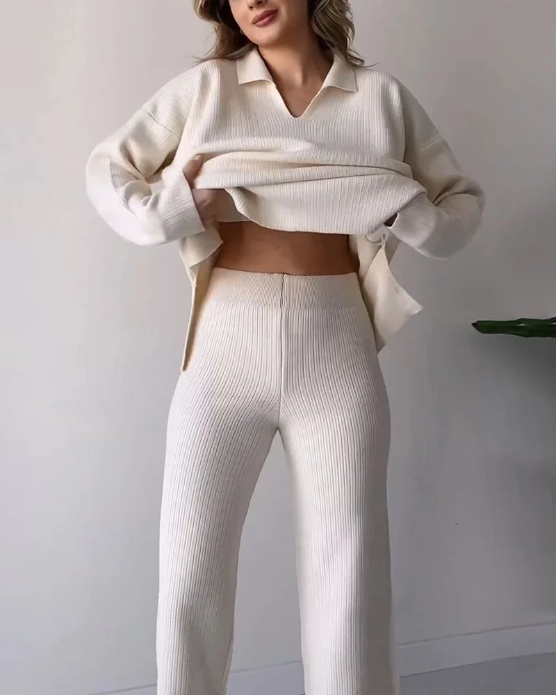 lusailstore - V-neck casual slit knitted two-piece set