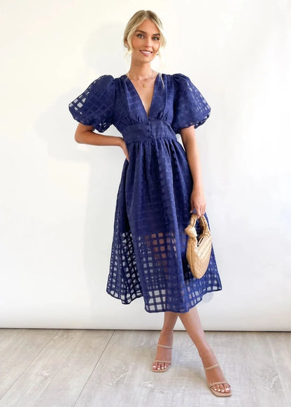 lusailstore- Beautiful square pattern fabric puff sleeve midi