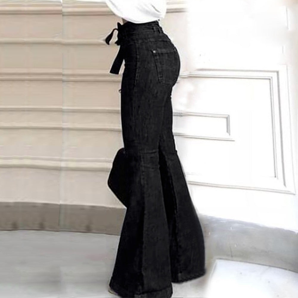 lusailstore - Women High Waist Bandage Wide Leg Denim Jeans