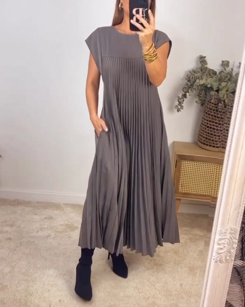 lusailstore - Women Pleated Simple Solid Color Dress