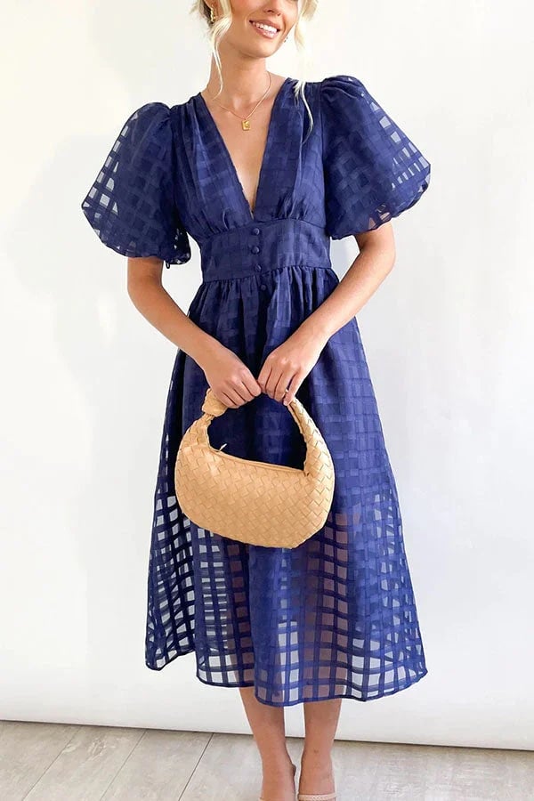 lusailstore- Beautiful square pattern fabric puff sleeve midi