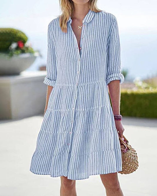 🔥Huge Sale 51% OFF💖Long Sleeve Lapel Stripe Layered Panel Hem Shirt Dress