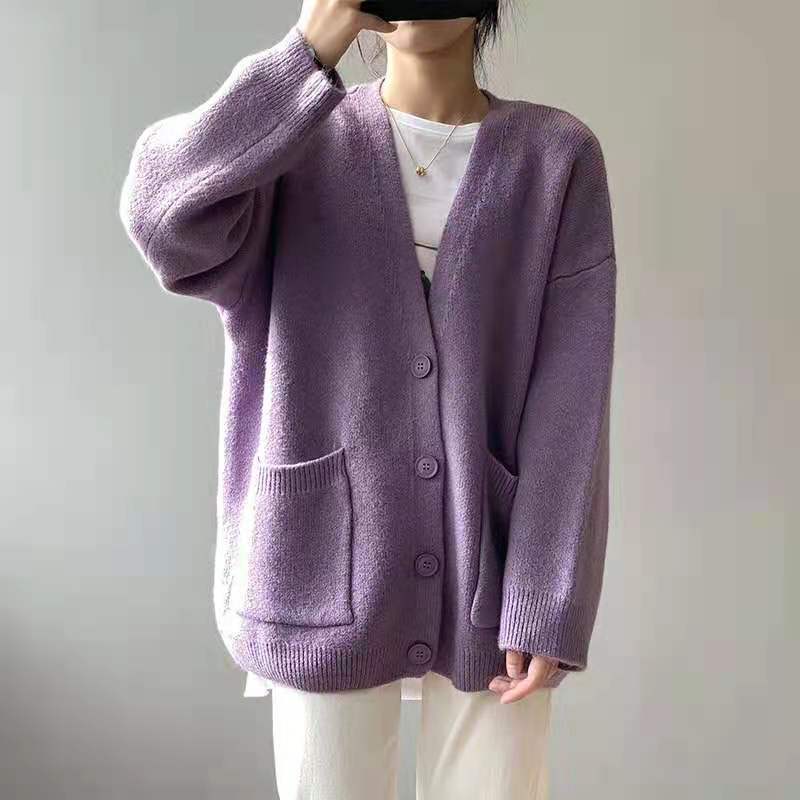 lusailstore - Lazy-style Solid-color Knitted Cardigan