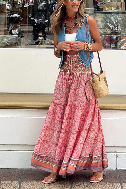 lusailstore-Bohemian paneled floral maxi skirt