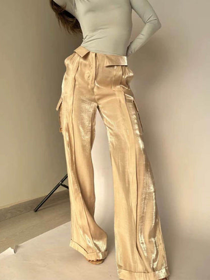 lusailstore - Golden Years Glitter Fabric Drawstring Waist Pocketed Wide Leg Pants