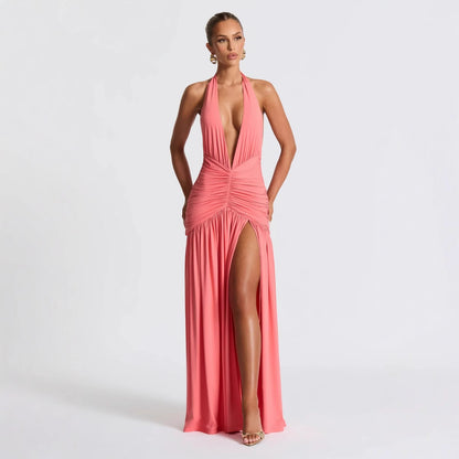 lusailstore - Halter neck V-neck open back pleated slit high waist midi dress